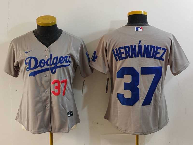 Womens Los Angeles Dodgers #37 Teoscar Hernandez Number Grey Cool Base Stitched Jersey